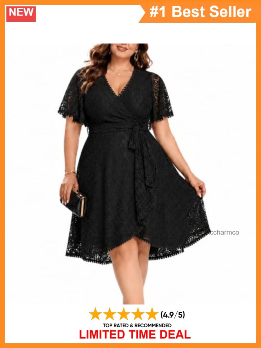Plus Size Lace Wrap V-Neck Cocktail Wedding Guest Dress Knee Length